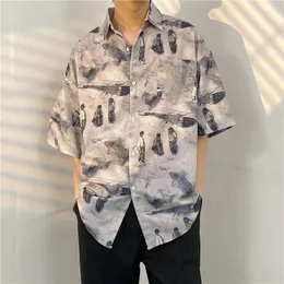 Erkekler Sıradan Gömlekler 2023 Yaz Erkekler Kısa Kollu Gömlek Japon tembel stil kravat Yarı gevşek ve yakışıklı tatil trendi boyalı