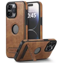 PU Leather Bracket Holder Phone Cases For iPhone 15 14 13 12 11 Pro Max Plus Business Soft Shockproof Kickstand Bumper Back Cover