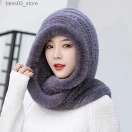 Beanie/Skull Caps Hot Sale New Women Real Knitted Rex Rabbit Fur Hat Hooded Scarf Long Winter Warm Fur Hat With Neck Collar Scarves Hat Scarf Q231130