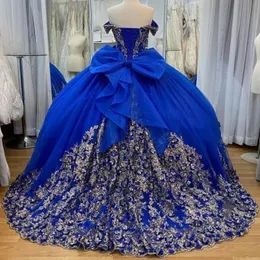Blue Glitter Crystal Sequined Ball Gown Quinceanera Dresses Off The Shoulder Applique Lace Beading Corset Vestidos De 15 Anos