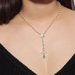 Sparkly Cross Pendant Choker Necklace Long Imitation Pearl Pärled Chain Rosary Madonna Coin Halsband Pendants religiösa smycken2452