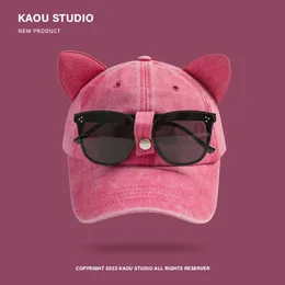 Beanie Skull Caps Y2K Mädchen Katzenohren Sonnenbrille Rosa Baseballmütze Ins Persönlichkeit Trendy Cool Girl Washed Retro Baumwollhut 231130