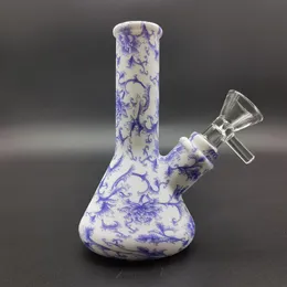 Silicone 4.7 inch Hookah Water Pipe Smoking Bong Bubbler Shisha Blue and white porcelain print +14mm Glass Bowl