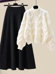 Kobiety swetry jesienne zimowe ciepłe dzianiny Dwuczęściowe zestawy dla kobiet stroje koreański sweter swobodny skrętny i zagęszczone zestawy spódnicy z dzianiny 231129