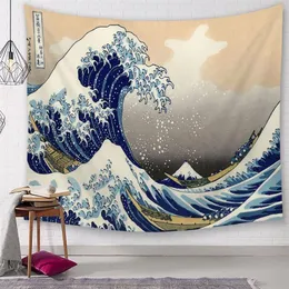 polyestertyg vintage väggdekoration japansk stil tapestry sol och hav hängande konst havsvåg tapiz tentur mural301z