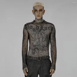 Men's T Shirts PUNKRAVE Men's T-shirt Punk Sexy Gauze Gothic Onalized Elastic Hillow Out Stage Performance Clothing