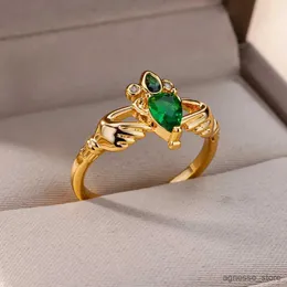 Band Rings Vintage Green Crown Thanksgiving Rings for Women Gold Plated Stainless Steel Hug Love Ring Aesthetic Jewelry R231130