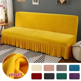 Stollekläder Stretch Velvet Futon SOFA BED COVER ARMLESS TJÄRT PLUSH SOFA Täckning med kjol Sofa Slipcover Couch Cover Furniture Protector 1pc 231129