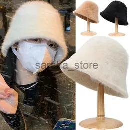 Bonnet / Skull Caps Chapeau de seau tricoté en fourrure de lapin pour femmes mode en plein air doux automne hiver chapeau de seau chapeaux poilus casquettes de pêcheur en peluche J231130