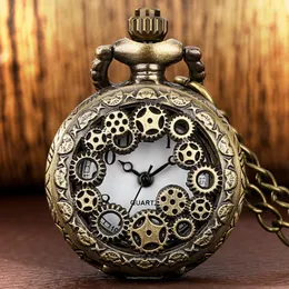 Zegarki kieszonkowe Mały rozmiar steampunk brązowy koel zębate puste kwarc arabski cyfry analogowe