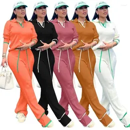 Women's Two Piece Pants Urban Ladies Minimalist Neutral Commuter Trousers Suit Autumn Solid Color Long-Sleeved Lapel T-Shirt & Drawstring
