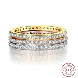 Moda simples jóias 925 prata esterlina rosa ouro preenchimento pave branco safira cz diamante eternidade feminino casamento noivado banda ri202s