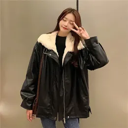 Womens Leather Faux Retro Thick Warm Coat Winter Woman Plush Loose Fur Integrated Lapel Long Sleeve Jacket Korean Female Streetwear Outwear 231129