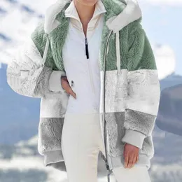 Kvinnor Hoodies Sweatshirts Explosive European och American Autumn Winter Warm Plush Patchwork Chain Pocket Hooded Loose Jacket Women 231129