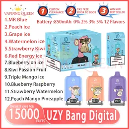 Original UZY Bang Digital 15000 Puff Disposable E-Cigarette Mesh Coil 20ml 15K puffs 0% 2% 3% 5% Rechargeable 850mAh RGB Steam VS Tornado