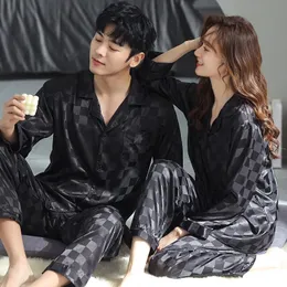 남성용 잠자기 부부 Pajama 세트 Mens Pajama Loungewear 나이트복 긴 슬리브 수면 바지 실크 새틴 잠옷 잠자기 애인 Pijamas 231129