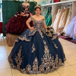 Azul marinho brilhante quinceanera vestidos frisados apliques rendas contas vestido de baile princesa doce 16 anos menina vestidos de 15 anos xv