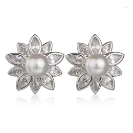 Stud Earrings Fashion Love Flower Pearl Zircon White