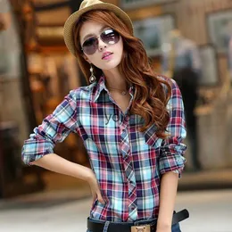 Women's Blouses Shirts 100% Cotton Blouse Plaid Long Sleeve Top S-5XL Single Breaste Button Shirt Wiyolq