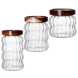 Storage Bottles 3 Pcs Coffee Beans Acacia Wood Glass Jar Containers Food Silica Gel Grains
