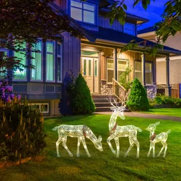 Decorações de natal pré-iluminadas renas de natal família ao ar livre feriado veados quintal decoração com luzes led brancas quentes 231129