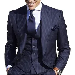 남자 양복 블레이저 핀스트라이프 슈트 슬림 핏 스트라이프 3 조각 에드 라펠 형식 웨딩 비즈니스 재킷 조끼 바지 세트 231129