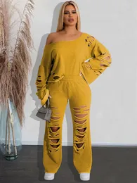 Women's Two Piece Pants Women One Shoulder Long Sleeve Loose T-shirt With Hollow Out Wide Leg Trousers Casual Loungewear Pant Suits