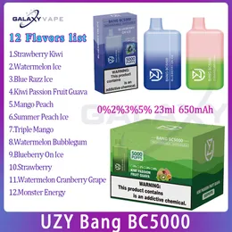 정통 Uzy Bang BC5000 퍼프 전자 담배 12 맛 12ml 포드 메쉬 코일 650mAh 충전식 배터리 퍼프 5K 0%2%3%5%레벨