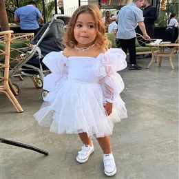 Flower Girl Dresses White Long Puff Sleeves Off the Shoulder Short Infant Pageant Dress Knee Length Lace Up Bow Child Birthday Gown