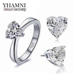 Yhamni Original Bridal Wedding Jewelry Set for Women Real 925 Sterling Silver Heart Cz Diamond Stud Earrings Ring Bridal Jewelry 248R