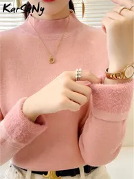 Kvinnors tröjor tjocka fleece turtleneck för kvinnor Vinter varma tröjor rosa långärmade toppar sammet hoppare