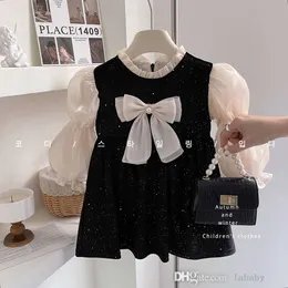 2023 Winter New Baby Girl Kleidung Bow Prinzessin Kleider Kleidung Kleidung Puffarm Velvet A-Line Dicker Party-Kleid Kleinkind Kinder Rock-Outfit