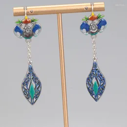 Dangle Earrings 925 Sterling Silver Enamel Bat Long Tassel For Women Retro Ethnic Bohemia Blue Hollow Teardrop Hanging EH165