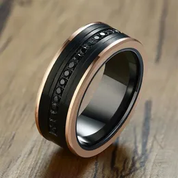 8MM Tungsten Carbide Men Eternity Rings Two Tone Luxury Black CZ Stone Rose Gold Side Wedding Band Men Super Jewelry C18122801236x