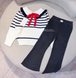 Kids Girls Sweaters Pullover Clothes Cute Bow for Baby Girls Navy Striped Knit Sweater and Dark Gray Knit Pants Spring Autumn Children Clothing Set