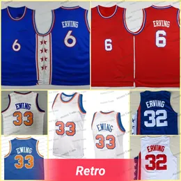 Retro Krem 33 Patrick Ewing Jersey 6 Julius 32 Erving Mavi Kırmızı Beyaz Gerileme Erkek Formaları Dikişli Gömlekler Klasik Vintage T-Shirt