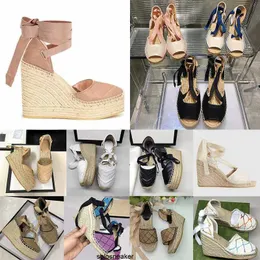 Buty GGS''GG Laceup Skórzane Espadrille Designerowie Matelasse Women Kidia wysoka platforma klina prawdziwe damskie sandały Espadrille Obcina 12 cm Rozmiar 3541 z pudełkiem