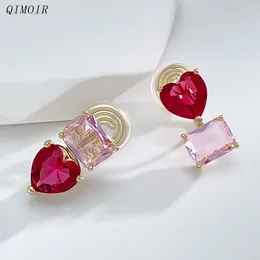 Stud Earrings Pink Red Zircon Non-pierced For Women Copper Clip On Cute Romantic Jewelry Love Heart Party Accessories Gifts C1470