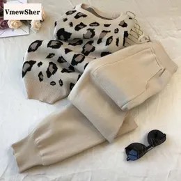 Women's Two Piece Pants VmewSher Leopard Print Sweater Sets Women Tracksuit Spring Autumn Knitted Suits Casual 2 Piece Set O Neck Pullover Jogger Pants 231129