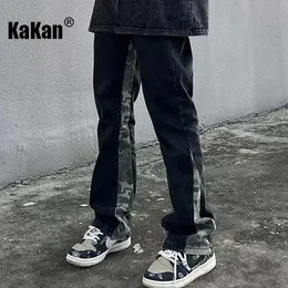 Jeans para hombres Kakan lavado retro camuflaje patchwork para hombres diseño negro sensación tubo recto micro acampanado largo k33 m004 231130