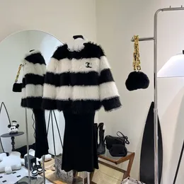 New design women's faux fur warm color block stripe pattern logo embroidery coat parkas