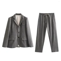 بدلات نسائية امرأة Pinstripe Blazer Jacket Label Long Sleeves Button Autumn Fashion Office Lady Scaute Baggy Pants
