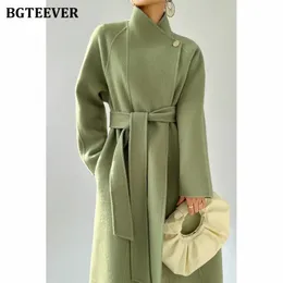 Женские шерстяные пальто BGTEEVER с утолщенным воротником-стойкой, женские шерстяные пальто, зимние теплые свободные женские полушерстяные пальто с длинными рукавами на шнуровке 231129