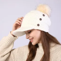 Berretti da baseball Autunno e inverno Cappello caldo femminile Berretti Berretto con visiera Skullies da donna Bottone acrilico Palla di pelo più velluto morbido lavorato a maglia