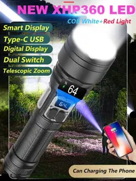 Torches 99000000lm XHP360 Flashlight LED 디지털 디스플레이 전술적 군사 강력한 강력한 횃불 XHP120 USB 자체 방어 줌 램프 방수 Q231130