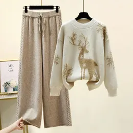 Women's Two Piece Pants Set of Two Fashion Pieces for Women Long Sleeve Printing Pullover All-match Knitted High Waist Wide-leg Pants Women Knitted Suit 231130