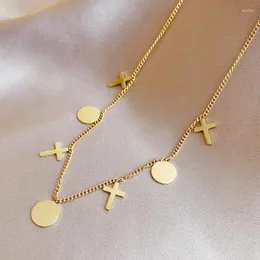 Pendant Necklaces MEYRROYU Stainless Steel Gold Color Cross Round Tag Necklace For Women Choker 2023 Trendy Gift Fashion Jewelry Pulseira