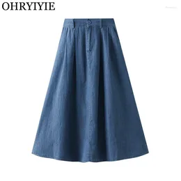 تنانير Ohryiyie Midi Denim Skirt 2023 الخريف الشتاء نساء غير رسمية لسيدة الأزرق الأزرق عالي الخصر ناعم طويل جان أنثى