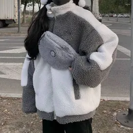 女性用ジャケット暖かくファジーグレー女性2023冬Y2K厚さのラムズウールパッチワークコートフード付き綿パッドジャケットアウターウェア