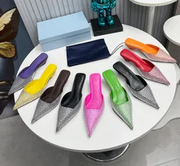 Top Quality Newest Genuine Leather New Fashion Sandals Womens Full Diamond Designer Pumps Shoes slippers Lady Pointed Toe Kitten Heel Elegant Black triangle heel